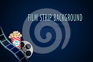 3D Film reel with film strips in waveform and pop corn box. Modern cinema background with place for text. Design template for