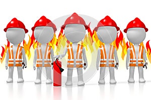 3D firemen, flames in background