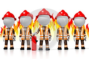 3D firemen, flames in background