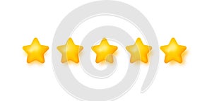 3d five golden star icon set. Rate render element. Award concept. Winner object. Review service. Premium quality