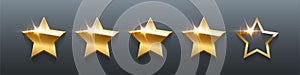 3d five rating gold stars, 5 realistic golden metal badges with bright light effect