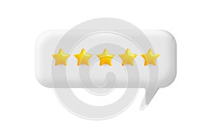 3d five stars in speech bubble. Bubble rating five stars - concept of rating from customer and feedback.