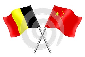 3D Flags of Belgium and China isolated on white background