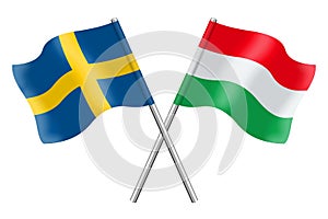 3D Flags of Sweden and Hungary isolated on white background