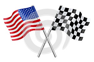 3D Flags of USA and Checkered isolated on white background