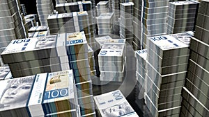 3d flight over the Swedish Krone money banknote packs loop animation