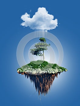 3D floating tree island under a cloud