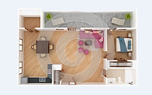 3D floor plan section. Apartment house interior overhead top view.