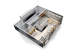 3d floor plan of a small restaurant