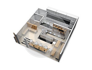 3d floor plan of a small restaurant