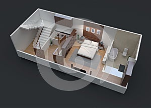 3D floor plan of a tiny residential unit