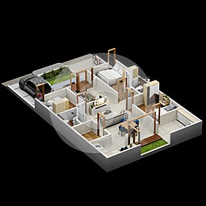 3d floor plan top view house 135 square meters