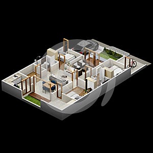 3d floor plan top view house 135 square meters