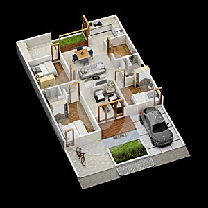 3d floor plan top view house 135 square meters