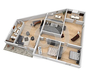 3d floor plan with wooden floor and furniture, 3d Illustration, 3d rendering