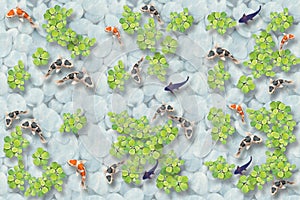 3D floor tiles design, beautiful koi fish and leaf top view in water and stone bathroom random floor tiles