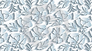 3D Floral pattern white background in Dark grey shade. Ornamental and decorative flowers petals leaves pattern wallpaper.