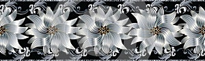 3d flowers seamless border. Floral repeat pattern. Vector flourish black background with silver white gold surface 3d flowers, sc