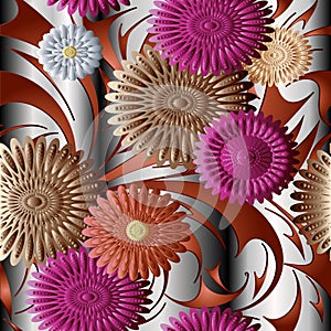 3d flowers vector seamless pattern. Surface drapery silver strip