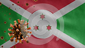 3D, Flu coronavirus floating over Burundian flag. Burundi and pandemic Covid 19