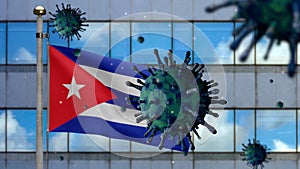 3D, Flu coronavirus floating over Cuban flag. Cuba and pandemic Covid 19