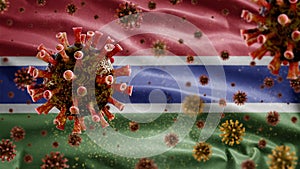 3D, Flu coronavirus floating over Gambian flag. Gambia and pandemic Covid 19