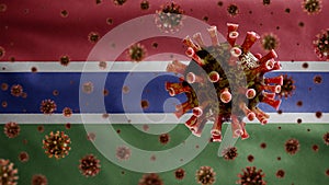 3D, Flu coronavirus floating over Gambian flag. Gambia and pandemic Covid 19