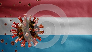 3D, Flu coronavirus floating over Luxembourger flag. Luxembourg Covid 19