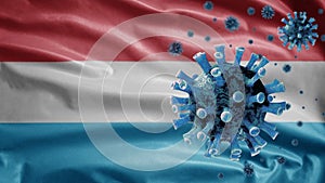 3D, Flu coronavirus floating over Luxembourger flag. Luxembourg Covid 19