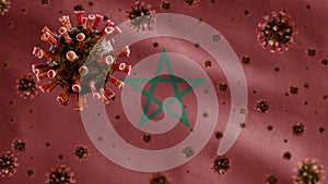 3D, Flu coronavirus floating over Moroccan flag. Morocco and pandemic Covid 19