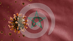 3D, Flu coronavirus floating over Moroccan flag. Morocco and pandemic Covid 19