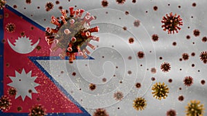 3D, Flu coronavirus floating over Nepalese flag. Nepal and pandemic Covid 19