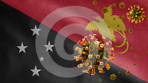 3D, Flu coronavirus floating over Papuan flag. Papua New Guinea Covid 19