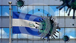 3D, Flu coronavirus floating over Salvadorean flag. Salvador pandemic Covid 19