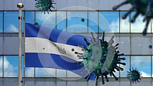 3D Flu coronavirus floating over Salvadorean flag. Salvador pandemic Covid19