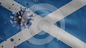 3D, Flu coronavirus floating over Scottish flag. Scotland and pandemic Covid 19