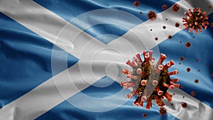 3D, Flu coronavirus floating over Scottish flag. Scotland and pandemic Covid 19