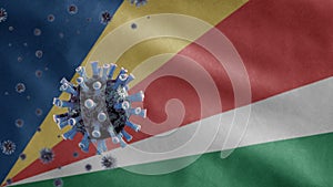 3D, Flu coronavirus floating over Seychellois flag. Seychelles pandemic Covid 19