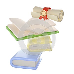 3D flying Books and Diploma scroll graduate Icon. Render Education or Business Literature. E-book, Encyclopedia