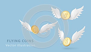 3D flying golden coins with wings isolated on blue background. Concept for business, web sites, online shop, finance. Vector