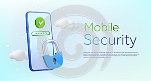 3d flying smartphone with green checkmark, password, blud security lock in the sky, white clouds, isolated background
