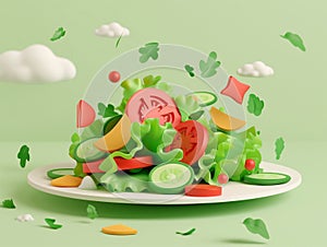 3d flying vegetable salad, lettuce, tomatoes, cucumbers, carrots on the plated. Fresh veggies