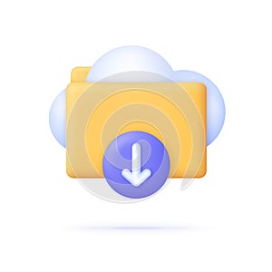 3D Folder with cloud and download icon. Download multimedia file. Folder with documents