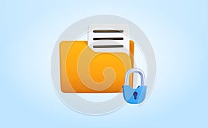 3d folder and file, security lock, isolated on background. Concept for computer data with password, server, cloud, safe