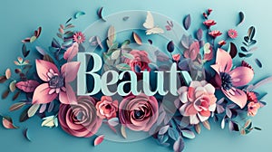 3d font Beauty with Flowers on bright blue background