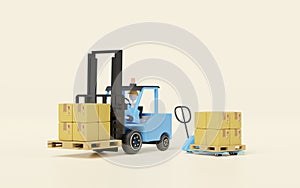3d forklift with blue hand pallet truck goods cardboard box isolated. 3d illustration render