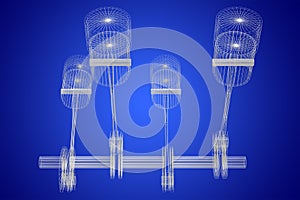 3D four-cylinder car engine, blueprint, wireframe