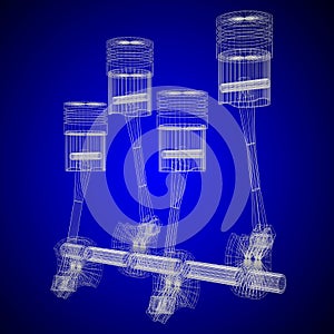 3D four-cylinder car engine, blueprint, wireframe