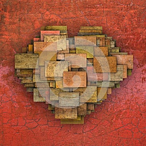 3d fragmented love heart shape square tile grunge pattern
