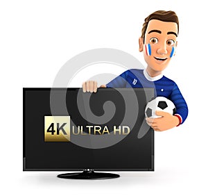 3d french soccer fan with 4K ultra HD television